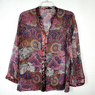 #ad Chicos Silk Blouse 2 Medium Sheer Button Front Paisley Long Sleeve Top FLAW $26.99