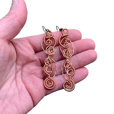 #ad Handmade Natural Copper Earrings Healing Copper Artisan Solid Swirls Long Dangle $68.00