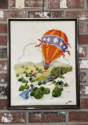 #ad Vintage Framed Crewel Work Embroidery of Balloon Ride Over Country Scene $24.00