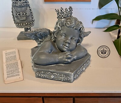 #ad Angel Cherub Statue on Ornate Pedestal with Crown Pearls amp; Rhinestones * $150.00