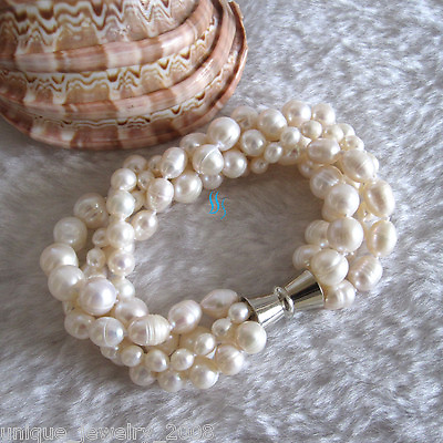 #ad 7 8quot; 4 10mm 4Row White Freshwater Pearl Bracelet Off Round Rice Natural $12.48