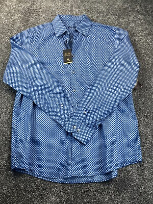 #ad Tasso Elba Shirt Mens Large Cotton Marcello Geo Print Button Up Navy Blue NWT $15.99