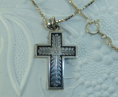 #ad Vintage Sterling Cross with Leaf Motif On 18quot; Chain Konder #251 $32.95
