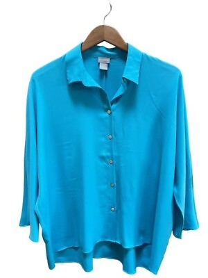 #ad Chicos Medium Tunic Top Blouse Turquoise Drop 3 4 Sleeve Hi Low Hem Sz 1 $15.99