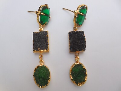 #ad Druzy Agate Gold Edge Earrings Chandelier Gemstone Stud Hydro Green Jewelry $22.39
