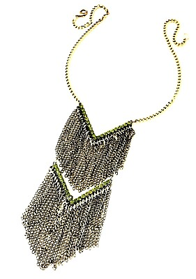 #ad New Designer Statement Necklace Antique Brass Fringe Green Crystals Women#x27;s 10F $19.99
