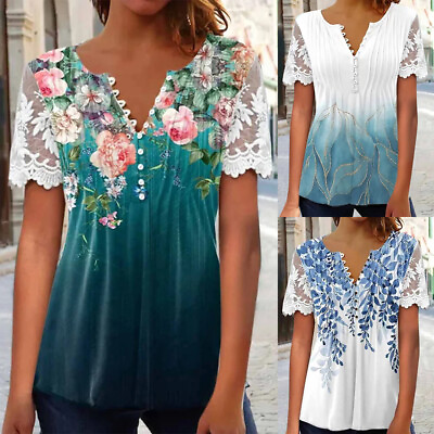 #ad Women Boho Floral Tunic Tops Ladies Lace Short Sleeve Button Neck T shirt Blouse $18.99