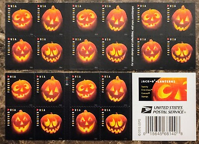 #ad Booklet of 20 Halloween Forever Stamps 2016 JACK O#x27; LANTERNS #5137 5140 MNH lt;Øß $13.45