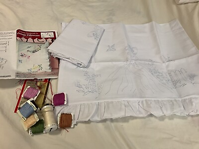 #ad Two 2 VTG STAMPED TO Embroider Pillowcases Floss Included Ruffles Daisy Lady $18.00