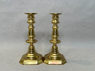 #ad Vintage Pair English Heavy Brass Candlesticks 7 1 2quot; T 3 3 4quot; x 3 3 4quot; Base $399.99