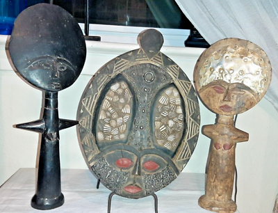 #ad Lot of 3 Vintage African Hand Carved Akuaba fertility dolls Ghana face plaque $59.00