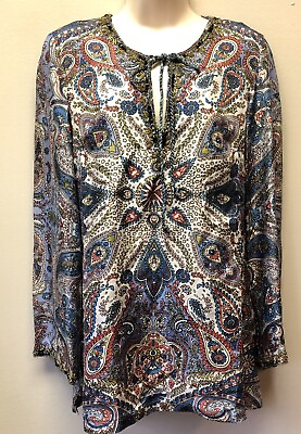#ad New Sundance Women XS S 100% Silk Long Sleeve V Neck Paisley Print Blouse Tunic $19.25