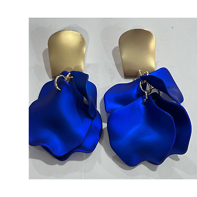 #ad Royal Blue Gold Flower Petal Leaf Drop Dangle Fashion Statement Earrings New $15.00