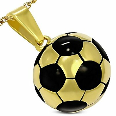 #ad Stainless Steel Yellow Gold Tone Black Soccer Ball Pendant Necklace $19.99