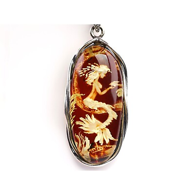 #ad Sterling Silver Mermaid Pendant Hand Carved Amber Reverse Intaglio Necklace $209.00