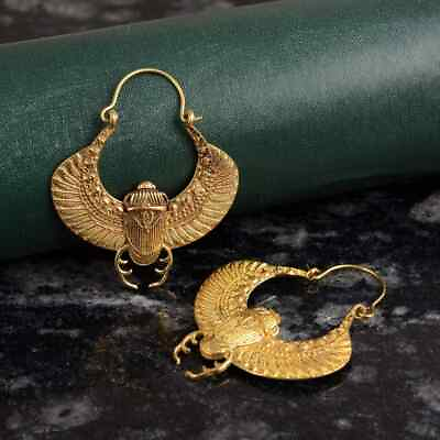 #ad Tribal Ethnic Celine Design Earrings Brass Gold Plated Egyptian Scarab hoops W53 GBP 11.99