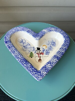 #ad Vintage Shannon amp; Daughters Snowman Winter Blue Stoneware Heart Trinket Dish $15.00