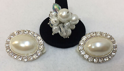 #ad Clip On Earrings amp; Ring Faux Pearl Cabochon Rhinestones Beads Stretch Ring Lot 2 $12.74