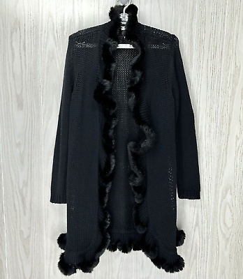 #ad Chicos Long Cardigan Faux Fur Trim Sweater Jacket Size 3 XL Black Open Front $38.90