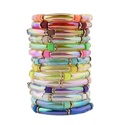 #ad Rainbow Elbow Bent Acrylic Tube Elastic Stretchy Bracelet Clay Square for Women $3.19