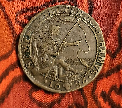#ad 1686 Colonial Copper quot;Taught To Fish And Eatting Foreverquot; Hammered Coin RARE $295.00
