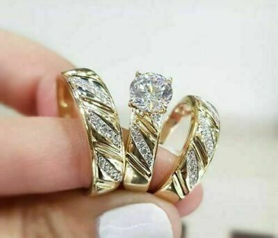 #ad 14K Yellow Gold Over His and Her Diamond Trio Set Bridal Engagement Wedding Ring $217.49