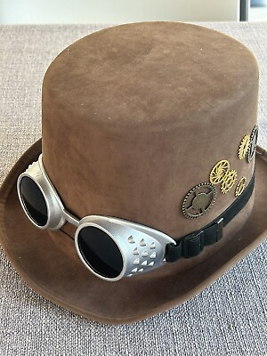 #ad Steampunk Cosplay Mens Brown Top Punk Hat With Goggles Size One Size $15.00