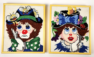 #ad 2 VTG Framed Vibrant Needlepoint Crewel Embroidery Clown amp; Lady Retro Wall Art $98.25