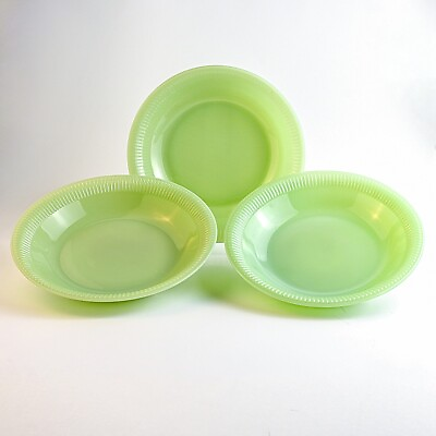 #ad 3 Fire King Jadeite Jane Ray Ribbed Flat Soup Bowls 7.5quot; Oven Ware VTG $74.99