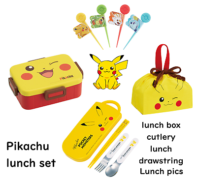 #ad Pokemon Lunch Box Cutlery Set Drawstring bag lunch pics New Pikachu face kawaii $68.00