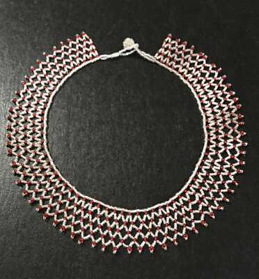 #ad Old African Jewelry Tribal Wedding Necklace Woven Small Clear Red Glass Beads $45.00
