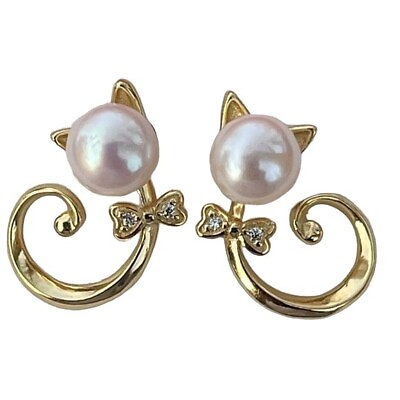 #ad 925S Gold Plated 6mm Cultured White Freshwater Pearl Stud Earrings Cat Shape $34.20