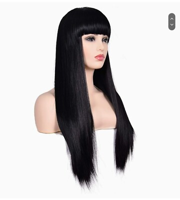 #ad morvally Women#x27;s 26quot; Long Straight Black Synthetic Resistant Hair Wigs with... $25.00
