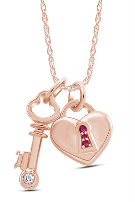 #ad Lock amp; Key Pendant Necklace Simulated Birthstone 14K Rose Gold Plated Sterling $44.99