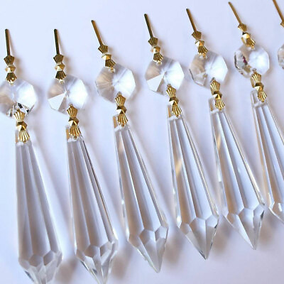 #ad 20PCs Chandelier Lamp Clear Crystal Icicle Prisms Bead Hanging Gold Pendant $11.99