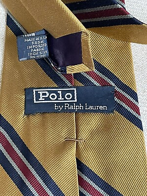 #ad Polo Ralph Lauren Mens Tie Necktie Gold Repp Stripe Silk Hand Made USA VTG $31.45