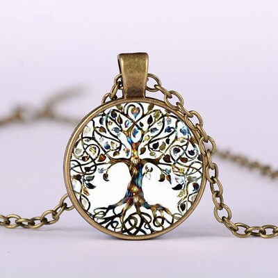 Vintage Tree of Life Glass Cabochon Pendant Bronze Chain Necklace Jewellery Gift AU $7.95