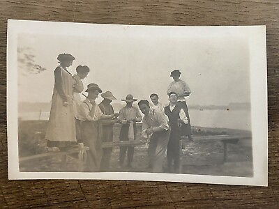 #ad Early 1900’s Group of Kids by the Lake Real Photo Antique Postcard RPPC $8.50