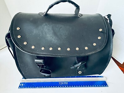 #ad Heavy Black Cowhide Tail Bag w Tie Downs 2 Side Pockets EUC 15w x 10h x 11d 90s $45.00