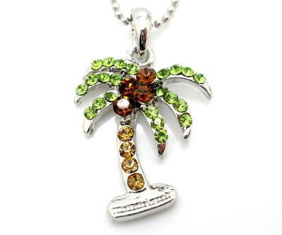 #ad New Palm Tree Coconuts Necklace Austrian Crystal Pendant Silver Plated Women $14.37