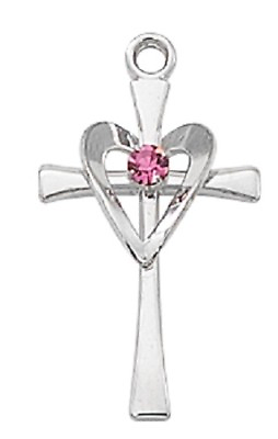 #ad Rose Heart Cross Sterling Silver Necklace with a Rose Stone 18 Inch Chain $52.95