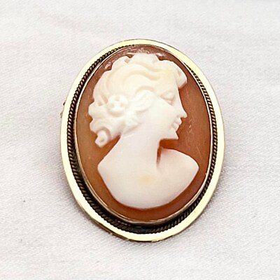 #ad 14K Traditional Estate Cameo Pin Pendant Gold Edge 1940s HANDCARVED Shell $215.20