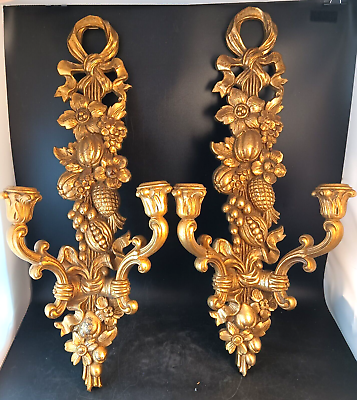 #ad Gold Candle Wall Sconces By Syroco Hollywood Regency Ornate Gold MCM Decor OBO $120.00