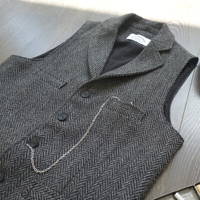 #ad British Vintage Tweed Herringbone Flat Collar Slim Fit Wool Tooling Male Vest $54.79