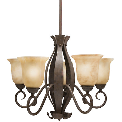 #ad Aged Bronze Iron and Sunset Amber Glass 5 Light Chandelier $360 $83.99