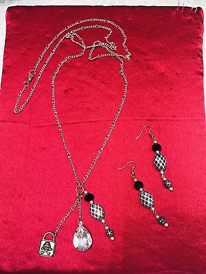 #ad Vintage Style Handmade Necklace Earring Set 40” Tibetan Silver Black Bead amp; Skul $8.39
