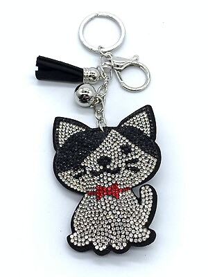 #ad Bling Cat Kitty Black Diamond Keychain Glitter Silver Tassel Charm Accessory $18.00