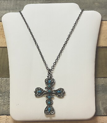 #ad Vintage Faux Turquoise Cross Necklace Filigree Chain Silver Tone $10.50