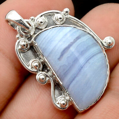 #ad Natural Blue Lace Agate 925 Sterling Silver Pendant Jewelry $10.99