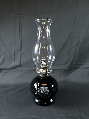 #ad Vintage Hurricane Kerosene Oil Lamp Black White Rose With Chimney $17.00